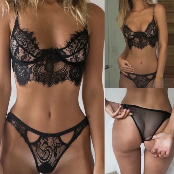 Sexy Black Floral Lace Lingerie Bralette and Panty Set - Size Small - Picture 1 of 3